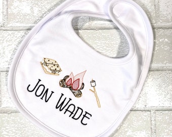 Campfire Bib / Smores Bib / Summer Bib / Personalized Baby Name Bib / Camping Bib / Foodie Bib / Monogram Bib / Embroidered Baby Bib