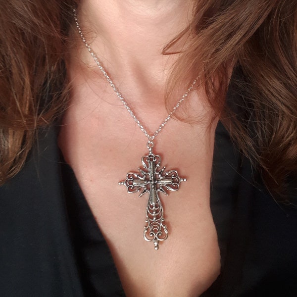 Large Antique Silver Cross Necklace, Religious Jewellery