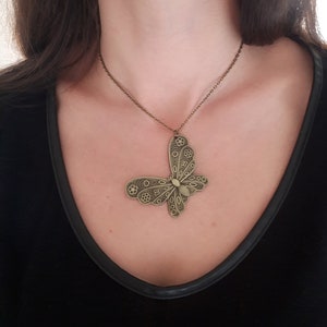 Large Antique Bronze Butterfly Necklace, Statement Butterfly Pendant