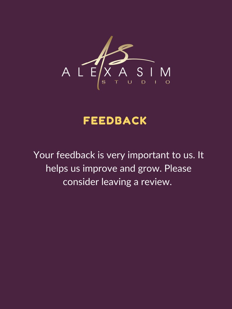 May include: A purple background with gold text that reads "ALEXA SIM STUDIO" and "FEEDBACK". The text below reads "Your feedback is very important to us. It helps us improve and grow. Please consider leaving a review."