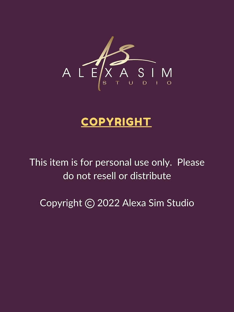 May include: A gold logo with the text "Alexa Sim Studio" and the word "COPYRIGHT" below it. The text "This item is for personal use only. Please do not resell or distribute. Copyright &copy; 2022 Alexa Sim Studio" is below the logo.