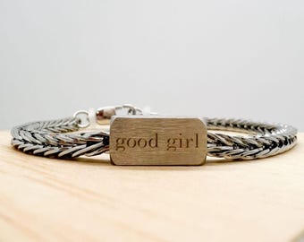 Custom Bead Bracelet, BDSM Dom Sub Jewelry, Silver Gold Black Stainless Steel, Engraved Names Owned Switch Polyamory Symbols, Kink Gift
