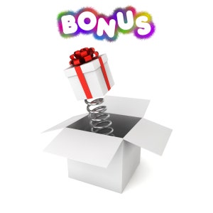May include: A white gift box with a red bow pops out of a larger white box with a spring attached. The word "BONUS" is written in colorful letters above the box.