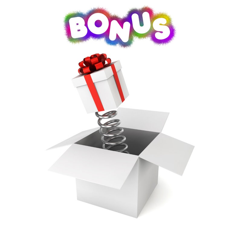 May include: A white gift box with a red bow pops out of a larger white box with a spring attached. The word "BONUS" is written in colorful letters above the box.