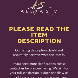 May include: A purple background with gold text that reads "ALEXA SIM STUDIO" and "PLEASE READ THE ITEM DESCRIPTION". The text below explains that the listing description accurately portrays the item and to contact the seller before purchasing if you need more clarification.