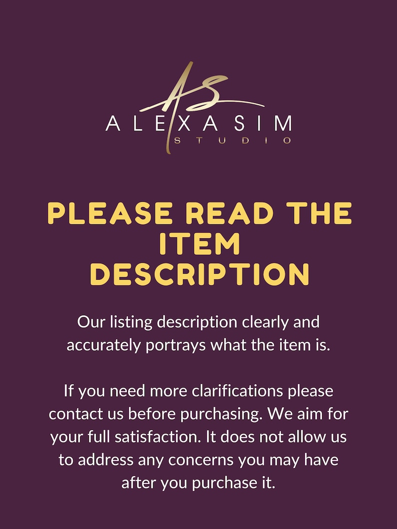 May include: A purple background with gold text that reads "ALEXA SIM STUDIO" and "PLEASE READ THE ITEM DESCRIPTION". The text below explains that the listing description accurately portrays the item and to contact the seller before purchasing if you need more clarification.