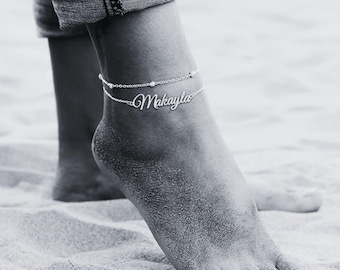 Personalized Name Anklet for Women, Custom Engraved Ankle Bracelet, Dainty Gold or Silver Foot Chain Gift