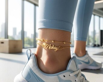 Personalized Name Anklet for Women, Custom Engraved Ankle Bracelet, Dainty Gold or Silver Foot Chain Gift