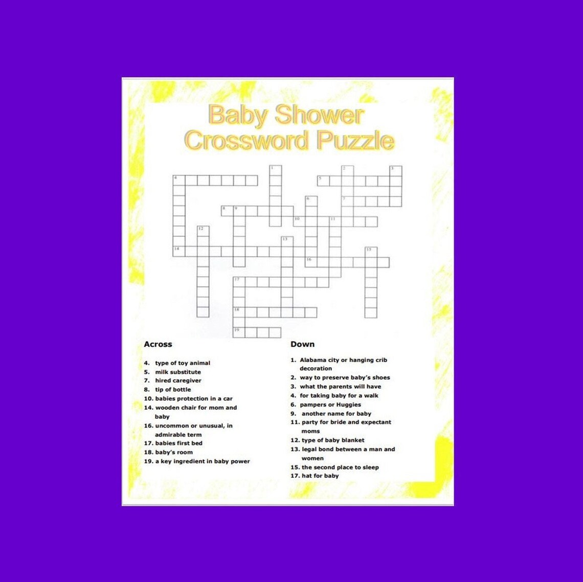 Baby Shower Crossword Puzzle Game Printable Baby Shower Game - Etsy