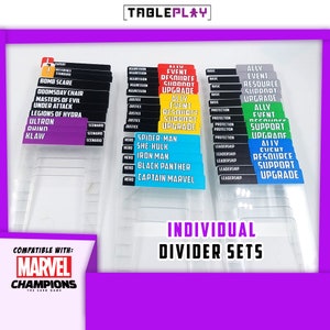 May include: A set of clear plastic dividers for organizing Marvel Champions cards. The dividers are labeled with different card types, including Ally Event Resource Upgrade, Ally Event Support Upgrade, Ally Event Resource Support Upgrade, Hero, Justice, Aggression, Scenario, and Expert.