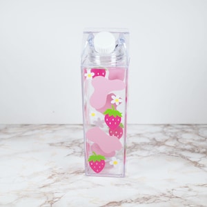 Strawberries and Pink Cow Print | Milk carton style drinks bottle | For Boba Tea | Bottle for water | cold drinks