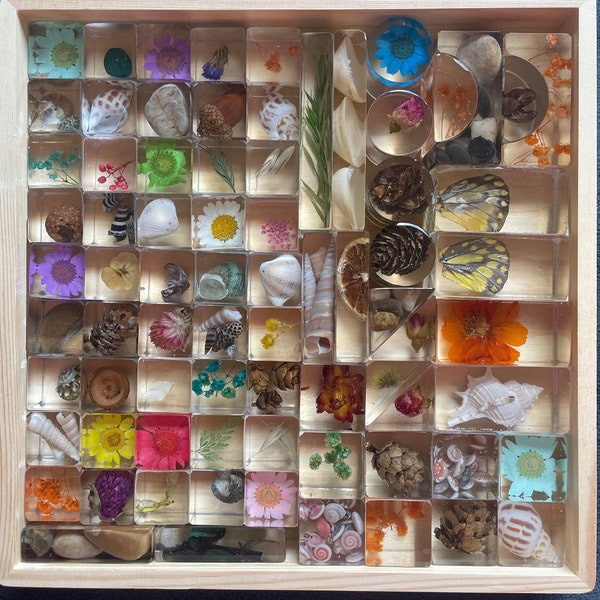 Nature blocks set with tray/ reggio waldorf and Montessori toys / unique one-of-a-kind gift / resin loose parts/ forest school specimen real