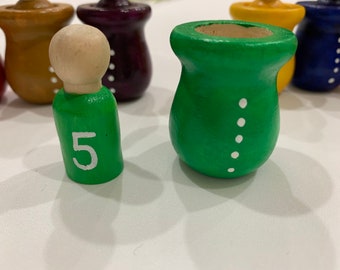 Wooden nesting peg cups and dolls/ number matching/ color matching