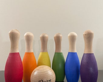 Wooden bowling game/ rainbow wood toys/ Montessori preschool baby shower gifts/ skittles set