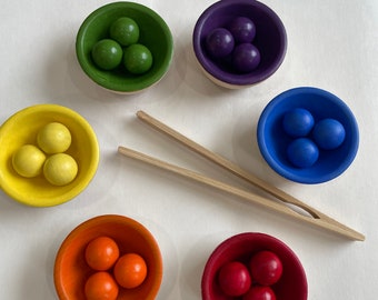 Montessori and waldorf toys/ wooden balls and bowls set/ rainbow wooden set/ color sorting/ rainbow loose parts