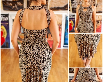 Tango dress special neckline backless dress for dance and casual wear in leopard