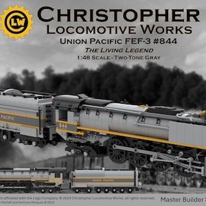 Puede incluir: Una maqueta a escala 1:48 de una locomotora de vapor Union Pacific FEF-3 #844, construida con ladrillos LEGO. La locomotora está pintada en un esquema de color gris de dos tonos con acentos amarillos. El modelo es parte de la serie Master Builder, Libro 1 de 2.