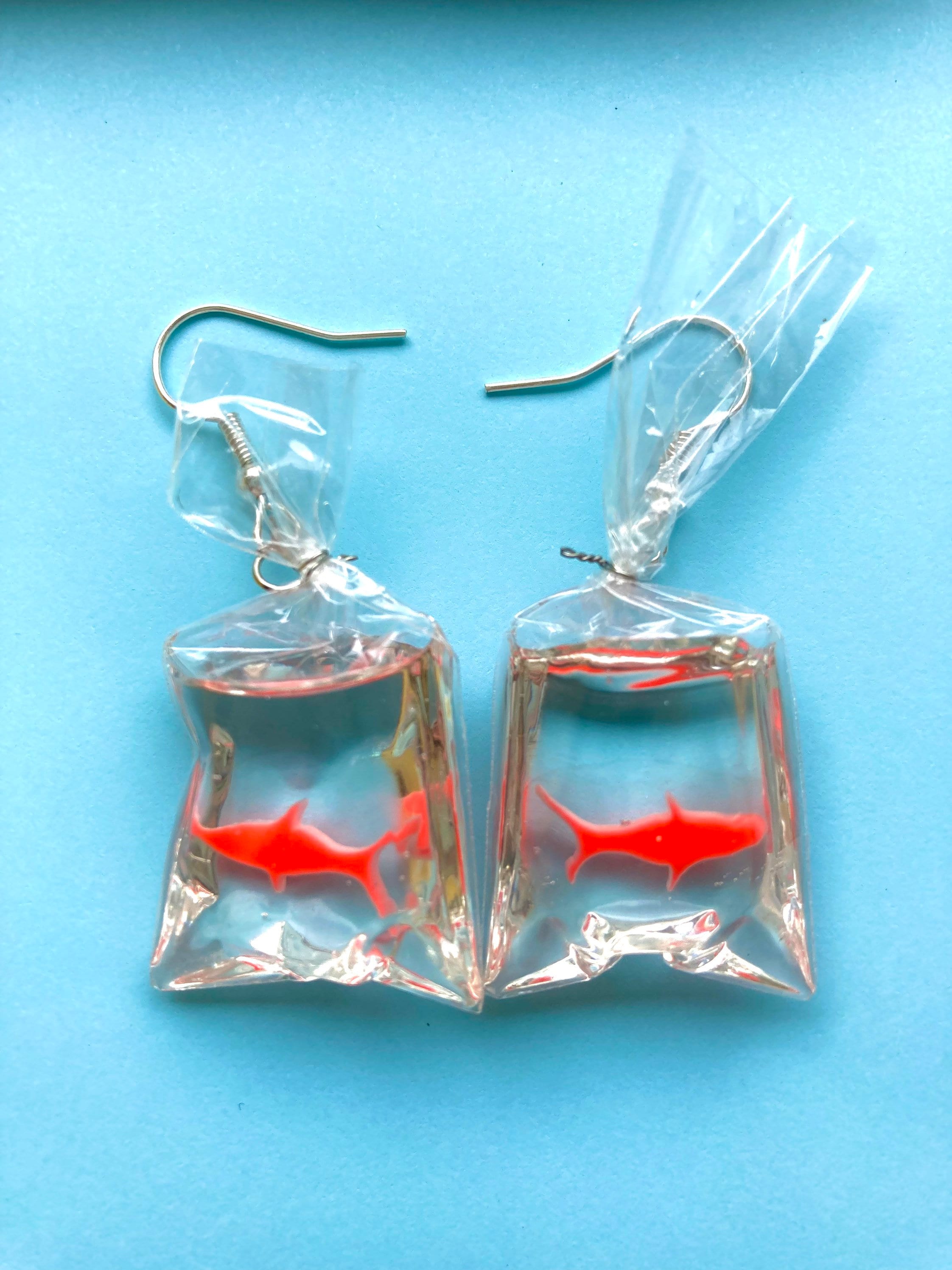 Goldfish in bag dangle earrings Etsy