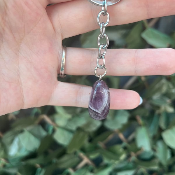 Amethyst Keyring, Gemstone Keyring, Crystal Keyring, Pebble Keyring, Tumblestone Bag Charm,February Birthstone Keyring,