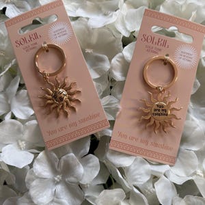 May include: Two gold-tone keyrings with a sun design. One keyring has the text "You are my sunshine" on the sun. Both keyrings are on a pink background with white flowers.