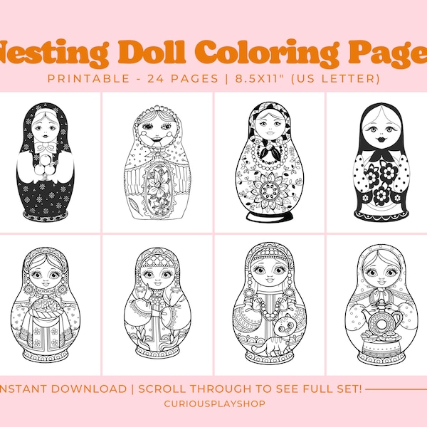 Nesting Doll Coloring Pages, Printable Coloring Pages, Doll Coloring Activity for Toddlers & Kids