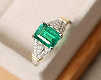 Emerald Ring, Antique Ring, Vintage Ring,Antique Emerald Rin, Sterling Silver Ring, Green Vintage Ring, CreatedEmerald, Valentine Day Gift