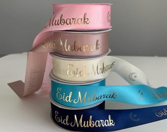 Tariff Free- Eid Mubarak Ribbon: Gold Foil Gift Wrapping, 25mm