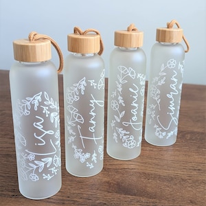 Tariff Free-Personalized Frosted Glass Water Bottle | Floral Design, Bamboo Lid