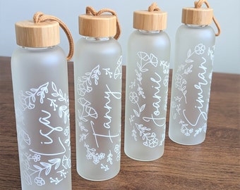Tariff Free-Personalized Frosted Glass Water Bottle | Floral Design, Bamboo Lid