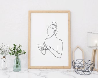 Listening Music Line Art, Music Print, Minimalist music print, Home Decor Print, Music Line Art, Music Wall Art, Abstract Music Wall Art