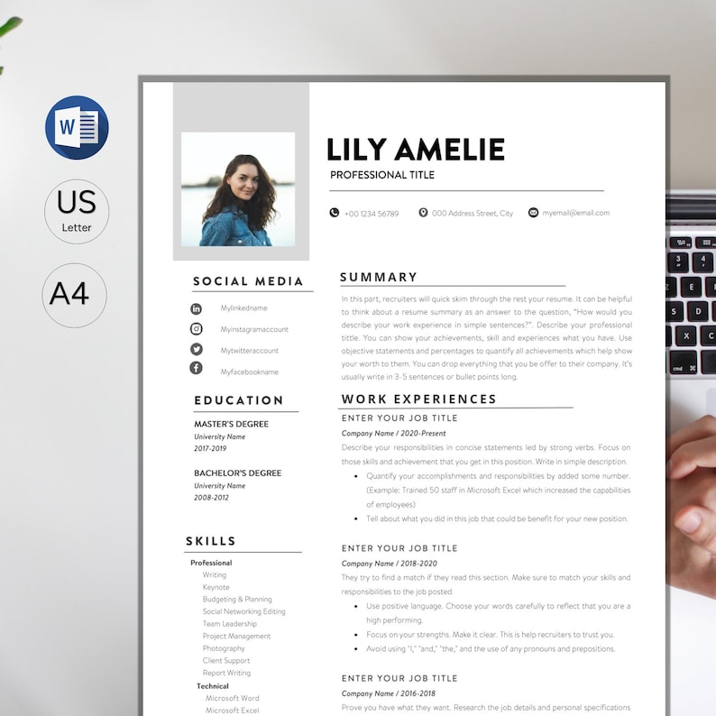 Clean Resume Template Word, Cv Template, Professional Resume, Creative ...