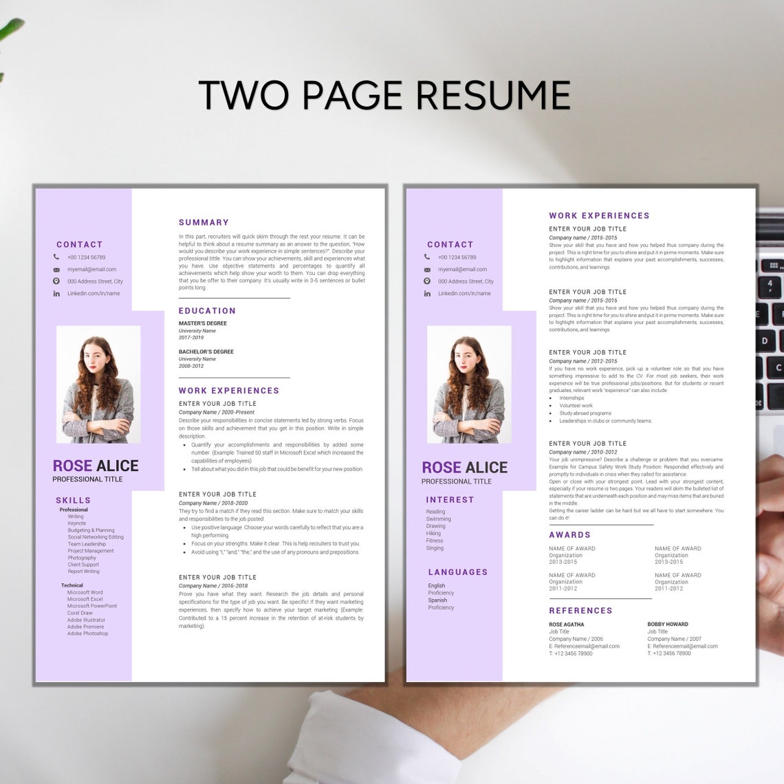 Purple Resume Template Word, Cv Template, Professional Resume, Creative