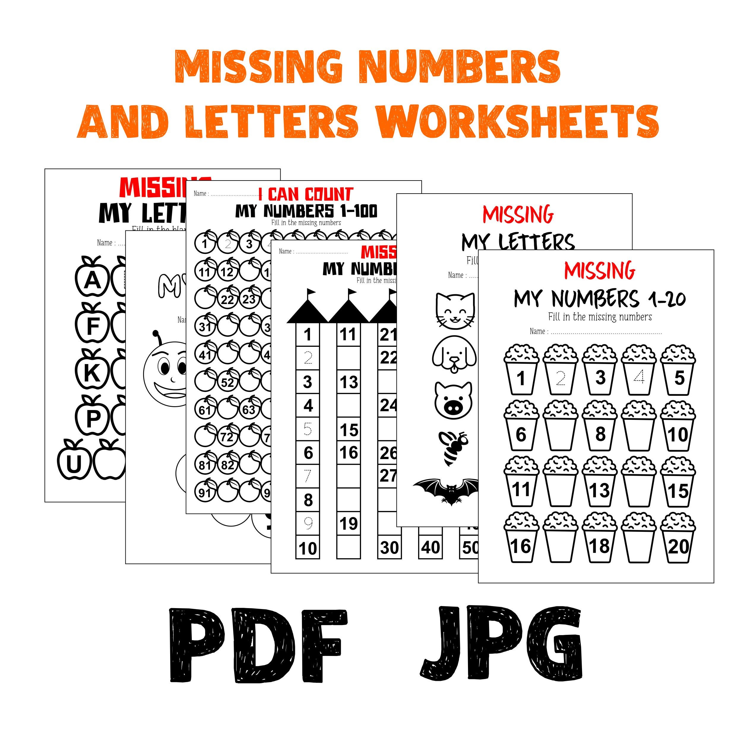 fill the blank missing numbers and letters child worksheet etsy