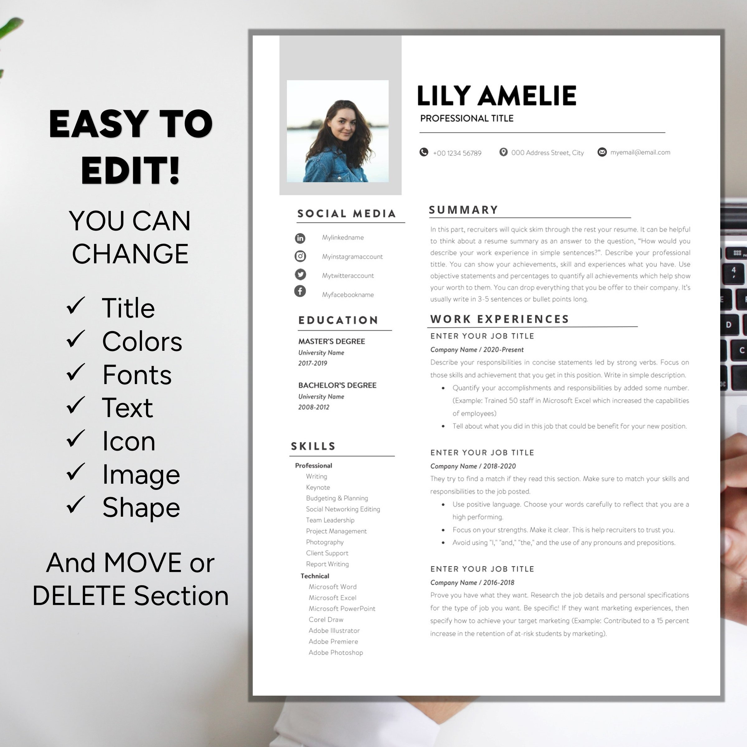 Clean Resume Template Word, Cv Template, Professional Resume, Creative ...