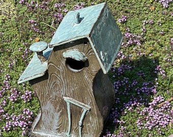 Whimsical Pottery Birdhouse, Clay Fairy Birdhouse, Garden Decor Art, Spring Garden Decor, Ceramic Bird House