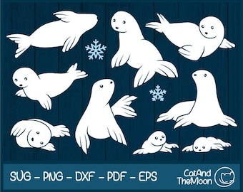 May include: A set of ten white seal silhouettes on a blue woodgrain background. The seals are in various poses, including swimming, lying down, and playing. The background features snowflakes.