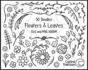 Doodle Flower - Reben svg, handgezeichnete Blume, Handgezeichnete Reben, Natur Doodle Clip, Handgezeichnetes Laub, Botanisches Gekritzel, Äste