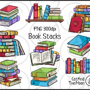 Boekstapel clipart - boek png gebruiksvriendelijke afbeeldingsset met transparante achtergrond, bibliothecaris leraar student school print decoratie doodles