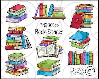 Book Stack Clipart - Book Png Easy To Use Image Set With Transparent Background, Librarian Teacher Student School Print Decoration Doodles