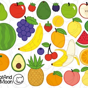 Kawaii Fruit Clipart, Cute Fruits, Banana, Apple, Pineapple, Avocado, Digital Sticker, Happy Food, Printable Party Decoration, Print And Cut image 2