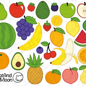 Op de afbeelding: Een kleurrijke illustratie van verschillende soorten fruit en groenten, waaronder een watermeloen, een peer, een banaan, een citroen, een avocado, een ananas, een perzik en een aardbei. De illustratie is in cartoon-stijl en heeft felle kleuren.