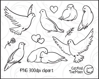 Peut inclure: Clipart en noir et blanc de colombes et de cœurs. Les colombes sont dans différentes poses, y compris en vol, assises et en train de se blottir. Les cœurs sont simples et élégants.
