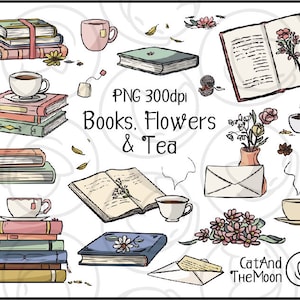 Boek clipart - boek stapel clipart, pastel clipart, theekopje clipart, thee clipart, boek png, literatuur clipart, boekenliefhebber clipart, bloemen