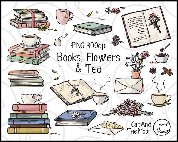 Book Clipart - Book Stack Clipart, Pastel Clipart, Teacup Clipart, Tea Clipart, Book Png, Literature Clipart, Book Lover Clipart, Floral