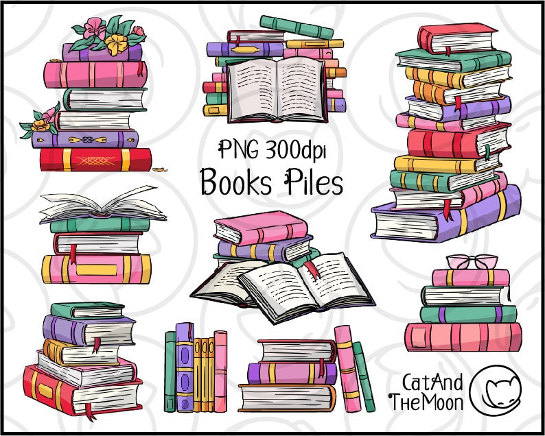 Puede incluir: Un conjunto de diez ilustraciones digitales de pilas de libros coloridos. Las ilustraciones son de estilo de dibujos animados y presentan varios colores, incluyendo rosa, azul, verde, amarillo y rojo. El texto "PNG 300dpi Books Piles" est&aacute; incluido en la imagen.