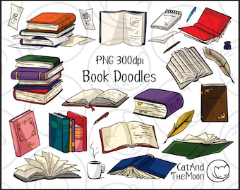 May include: A set of 14 hand-drawn book doodles in various styles, including open books, closed books, stacks of books, and a notebook. The doodles are in black and white with some color accents, and they are perfect for adding a touch of whimsy to any project.