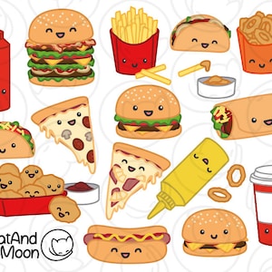 Fast Food Clipart, Junk Food Clip Art, Cute Food Clip Art, Kawaii Fast Food, Burger Clipart, Pizza Clipart, Taco Clipart, Kawaii Food