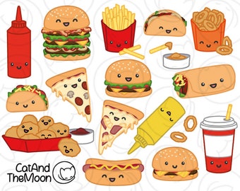 Fast Food Clipart, Junk Food Clip Art, Cute Food Clip Art, Kawaii Fast Food, Burger Clipart, Pizza Clipart, Taco Clipart, Kawaii Food