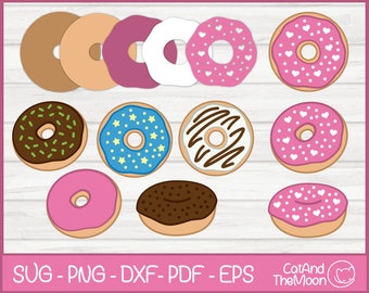 May include: A set of ten donut SVG cut files, featuring various designs including sprinkles, stars, hearts, and chocolate frosting. The donuts are in various colors, including pink, blue, brown, and white.