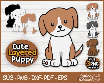 May include: Cute layered puppy design for crafting. The image shows a brown and white puppy with black outlines. The puppy is sitting with its legs crossed and its tail curled around its body. The image includes the text "Cute Layered Puppy" and "Plus 3 PNG versions".